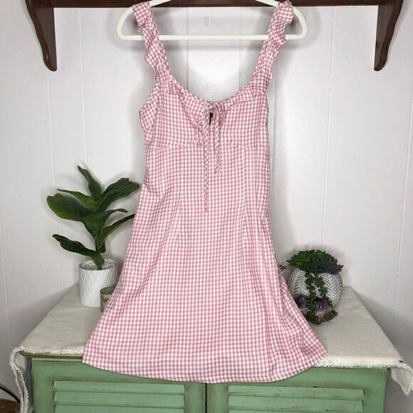 NWT Nasty Gal Womens Gingham Check Frill Neck Ruffle Mini A-Line Dress Pink Sz 4 - Picture 1 of 6